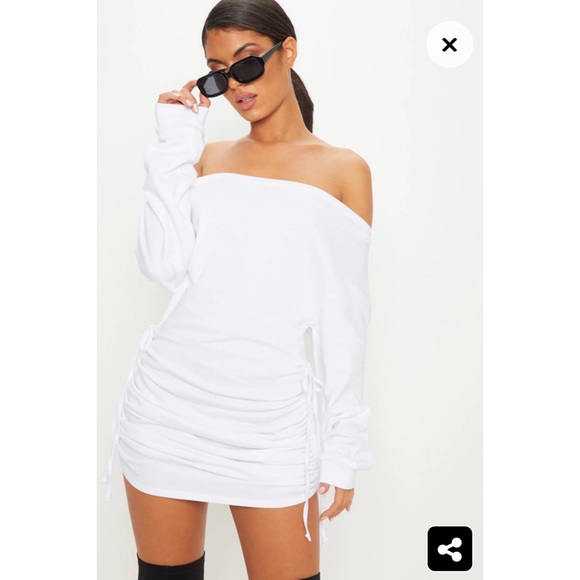 Pretty Little Thing, White Bardot Ruched Side Sweat Sweatshirt Dress, Si… - Picture 8 of 8